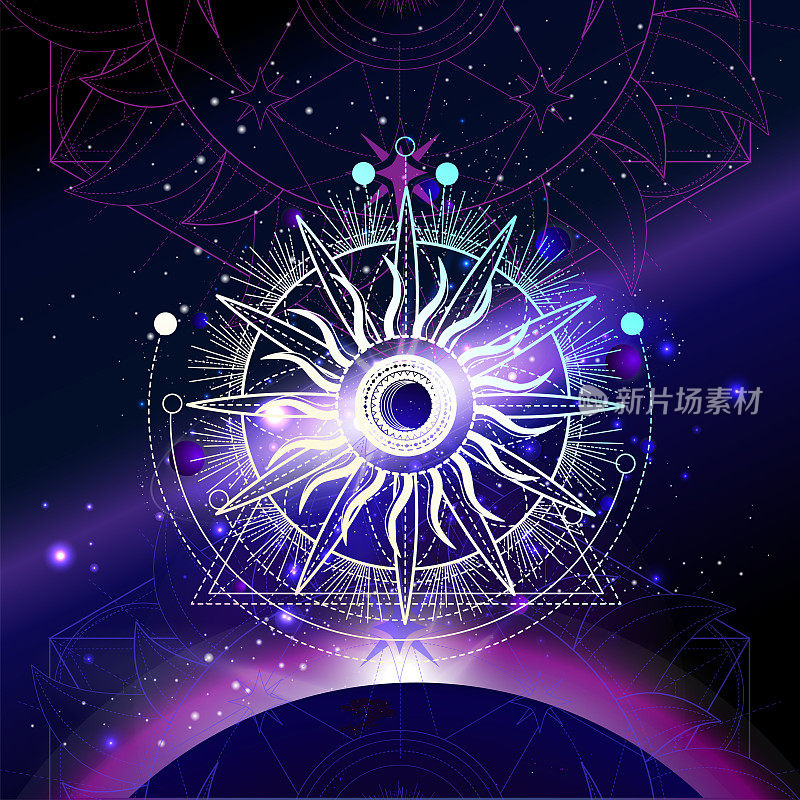 Vector illustration of Sacred geometric symbol against the space background with sunrise and stars.